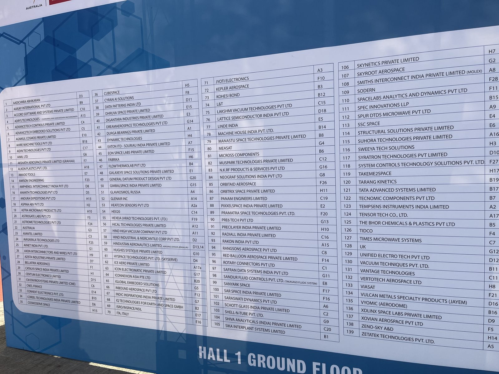 The Hall 1 ground floor plan at Bengaluru Space Expo 2026, listing 139 exhibitor stands.